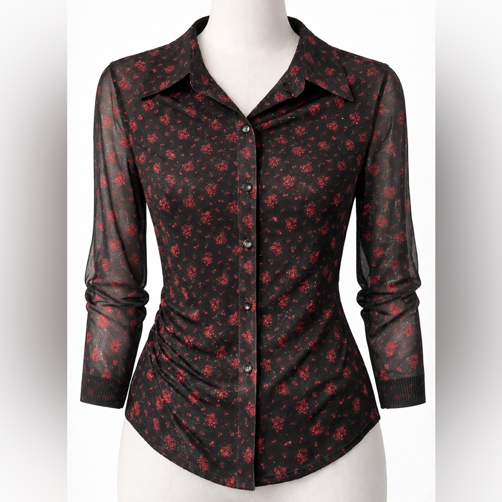 Madewell Black and Red Floral Sheer Button Down Shirt Size Medium
